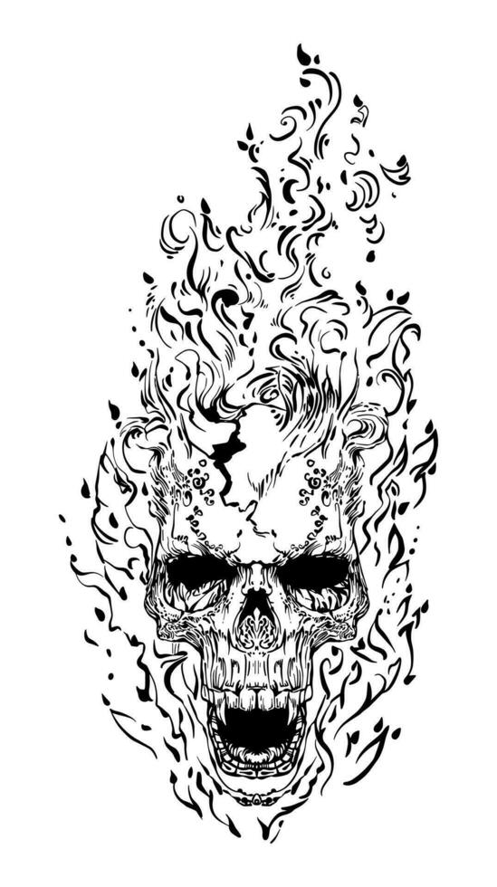 Skull with horns, in realistic style, with clear details, black and white vector drawing. For t-shirts, skull of an alien creature