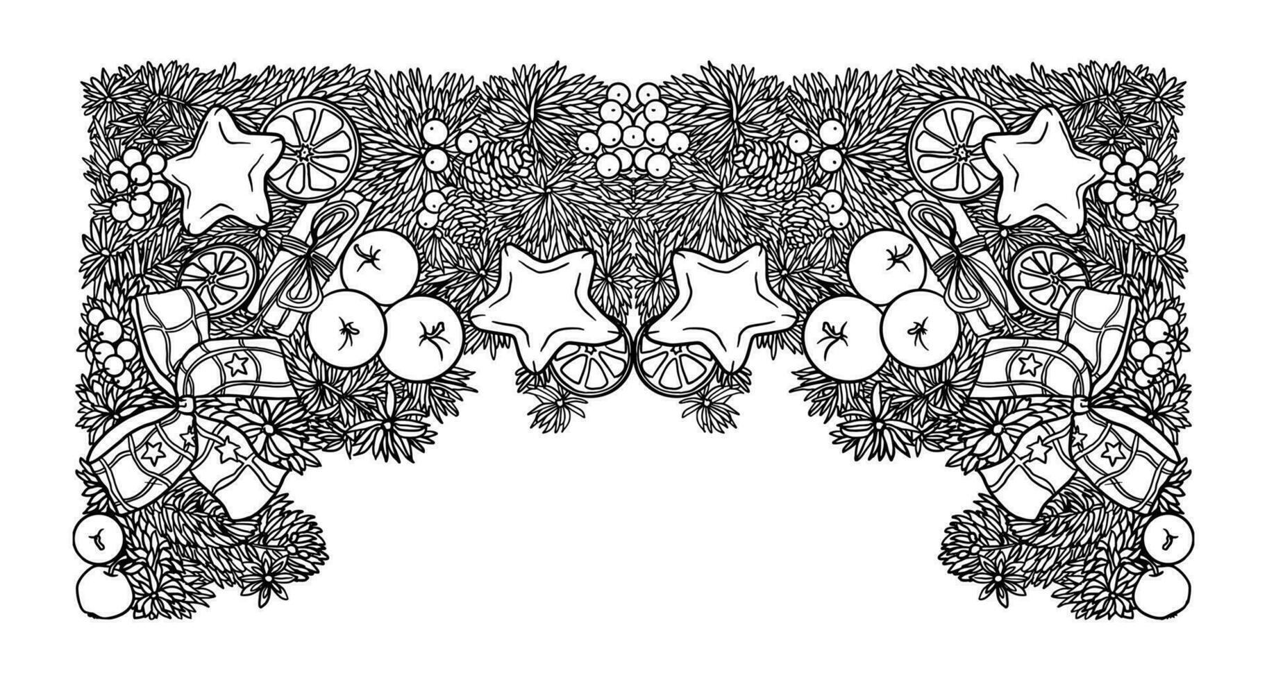 New Year border, ornament, New Year decorations, spruce branches decorated with Christmas toys, black and white drawing, highly detailed line artwork, line illustration, symmetrical illustration, vector