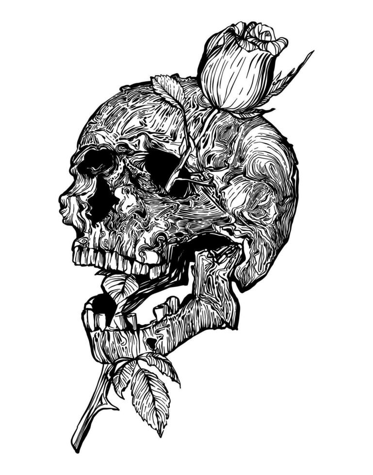 Skull with horns, in realistic style, with clear details, black and white vector drawing. For t-shirts, skull of an alien creature