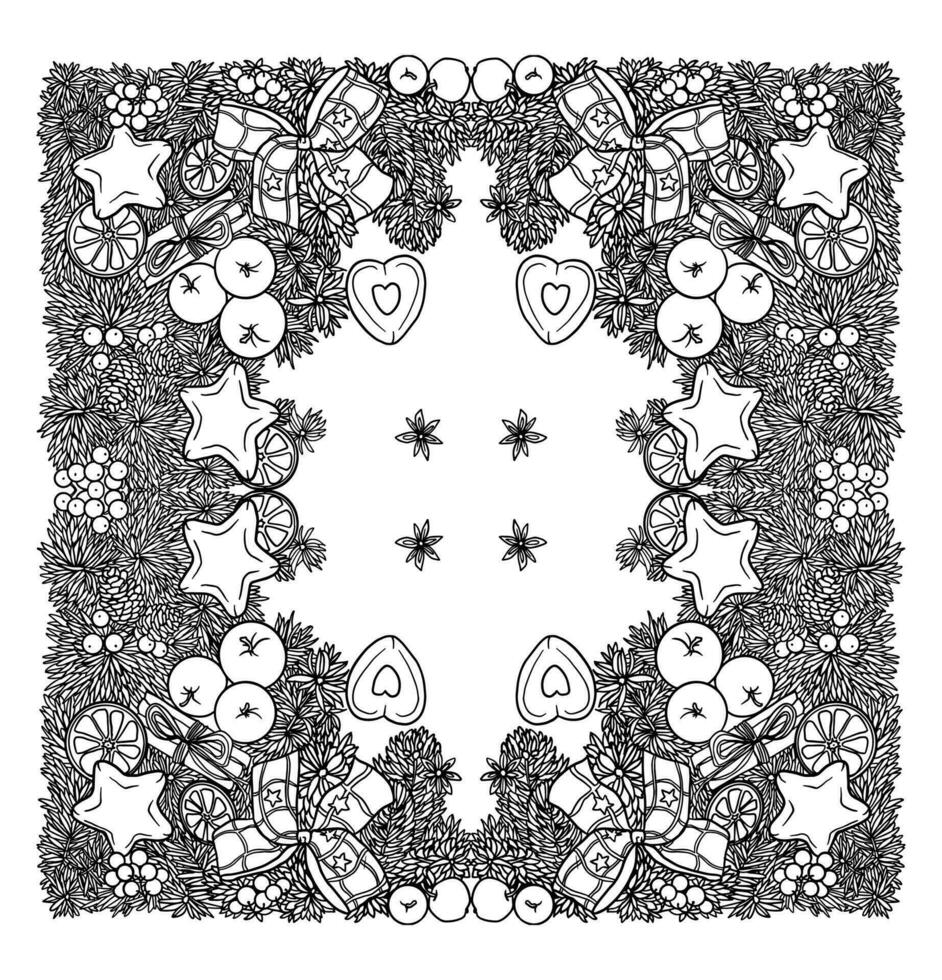 New Year border, ornament, New Year decorations, spruce branches decorated with Christmas toys, black and white drawing, highly detailed line artwork, line illustration, symmetrical illustration vector