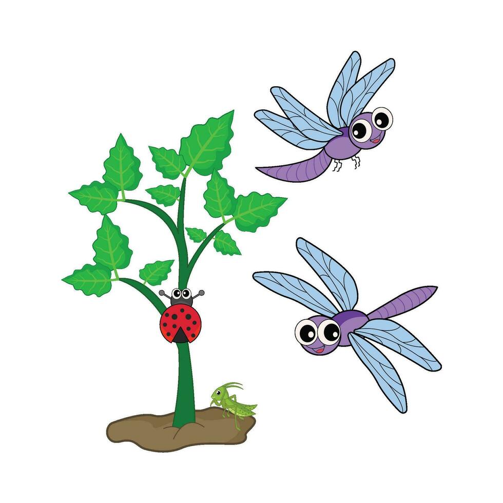 dragonfly with ladybug in plant illustration vector