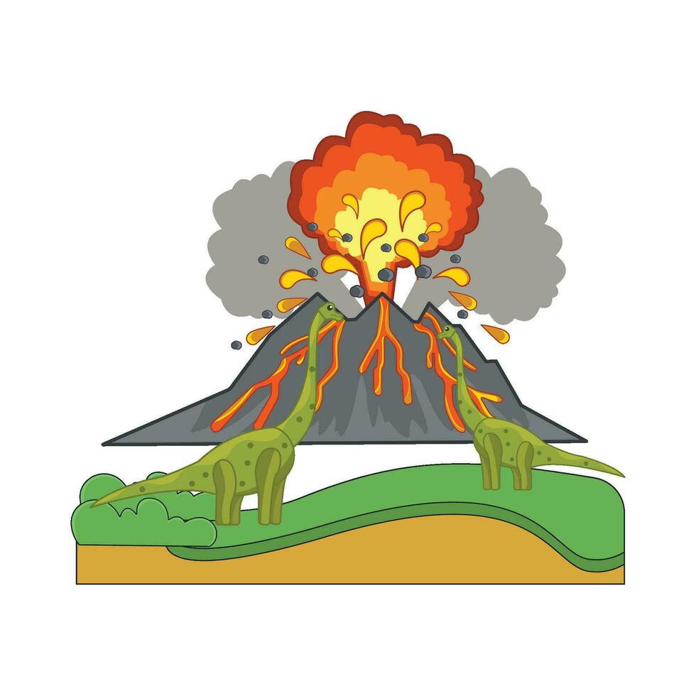 volcán con dinosaurio en montaña ilustración vector