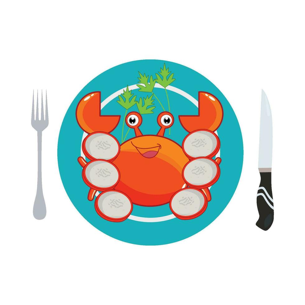 Mariscos cangrejo en plato con cuchillería ilustración vector