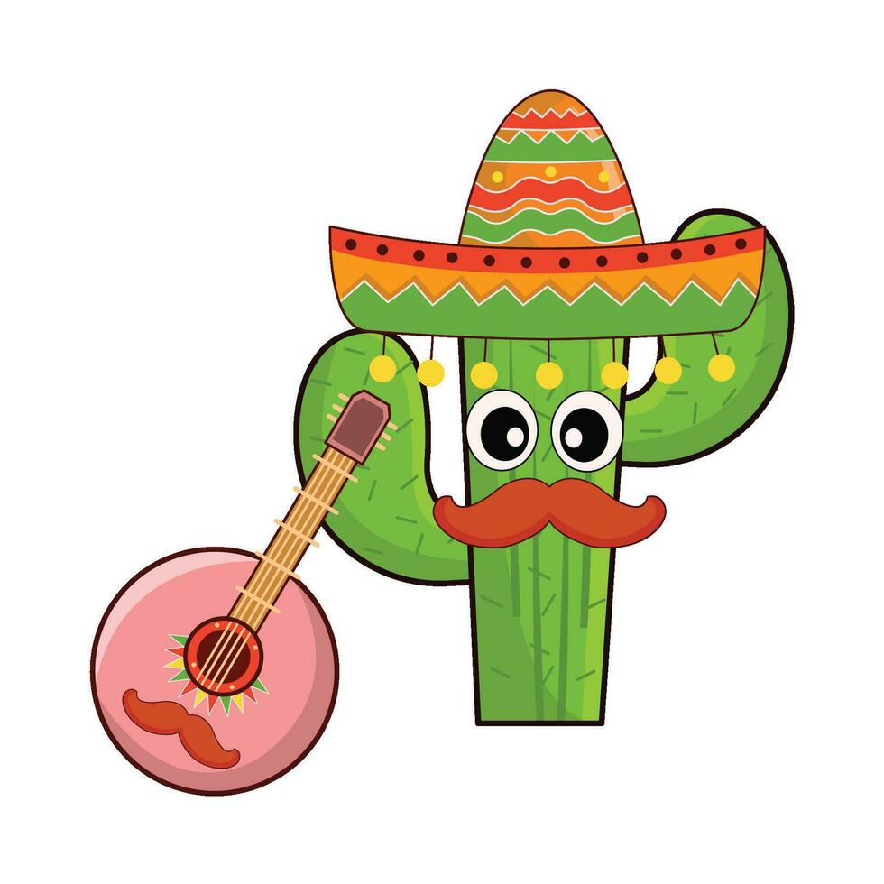 cactus character playing guitar mexican illustration vector