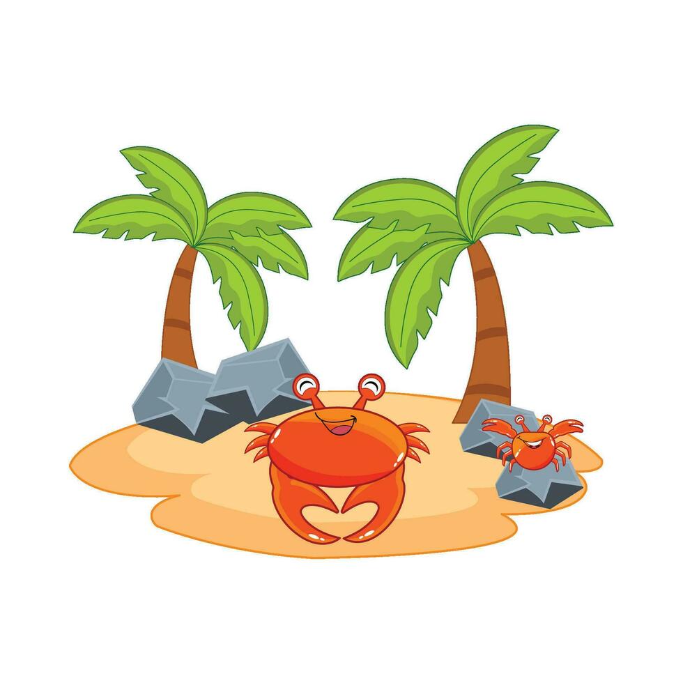 crab character, palm tree with stone in beach illustration vector