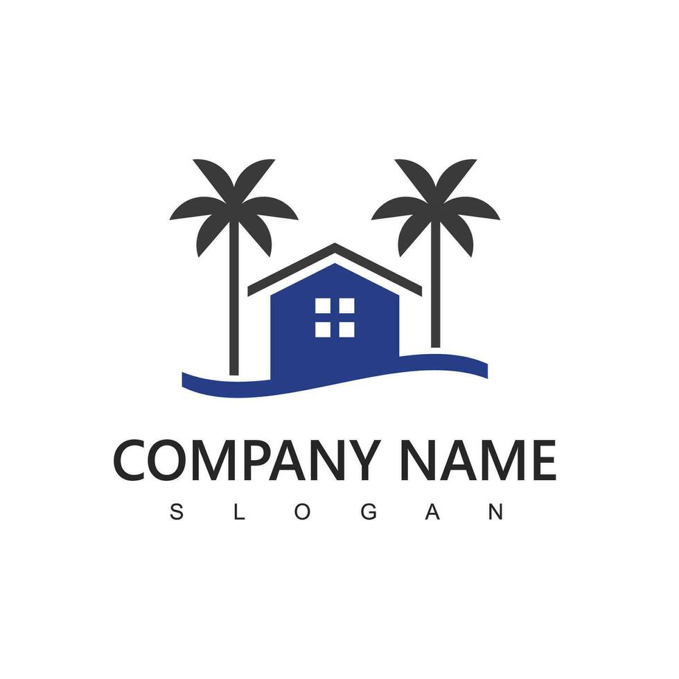 Village logo, house and beach design template for village, hotel and travel company vector