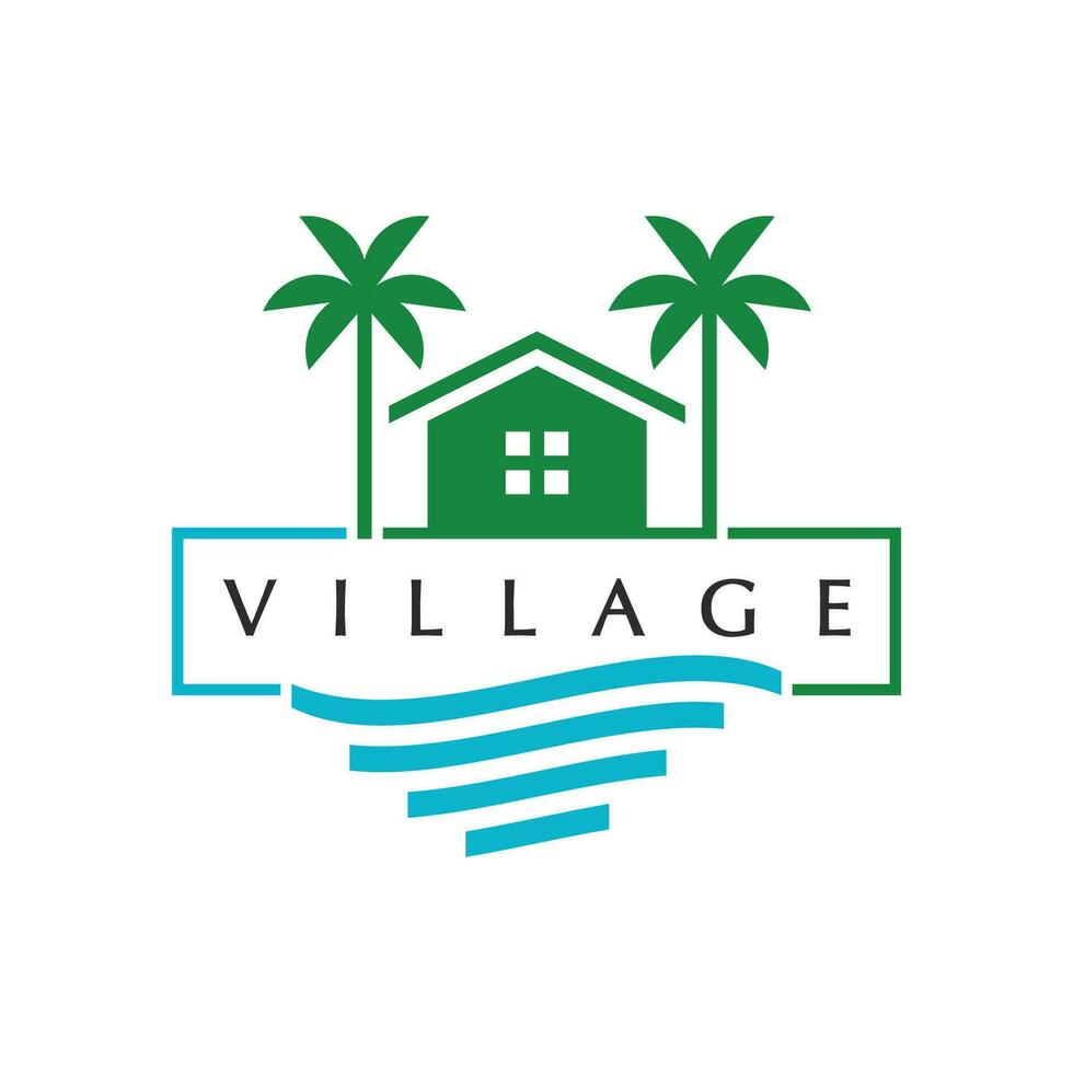 Village logo, house and beach design template for village, hotel and travel company vector