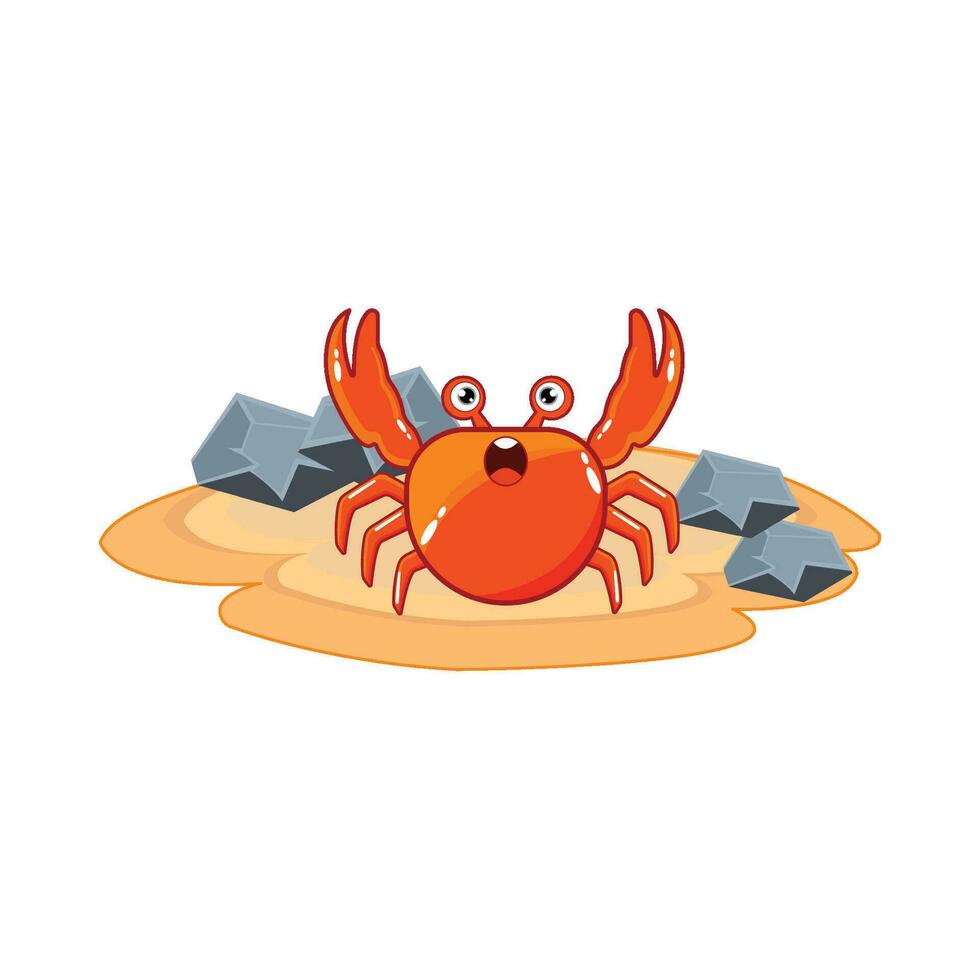 crab character with stone in beach illustration vector