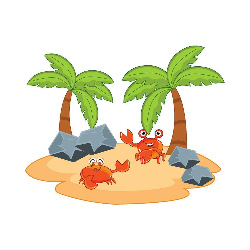 crab character, palm tree with stone in beach illustration vector