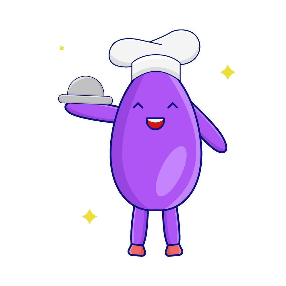 eggplant chef with movable food cover illustration vector