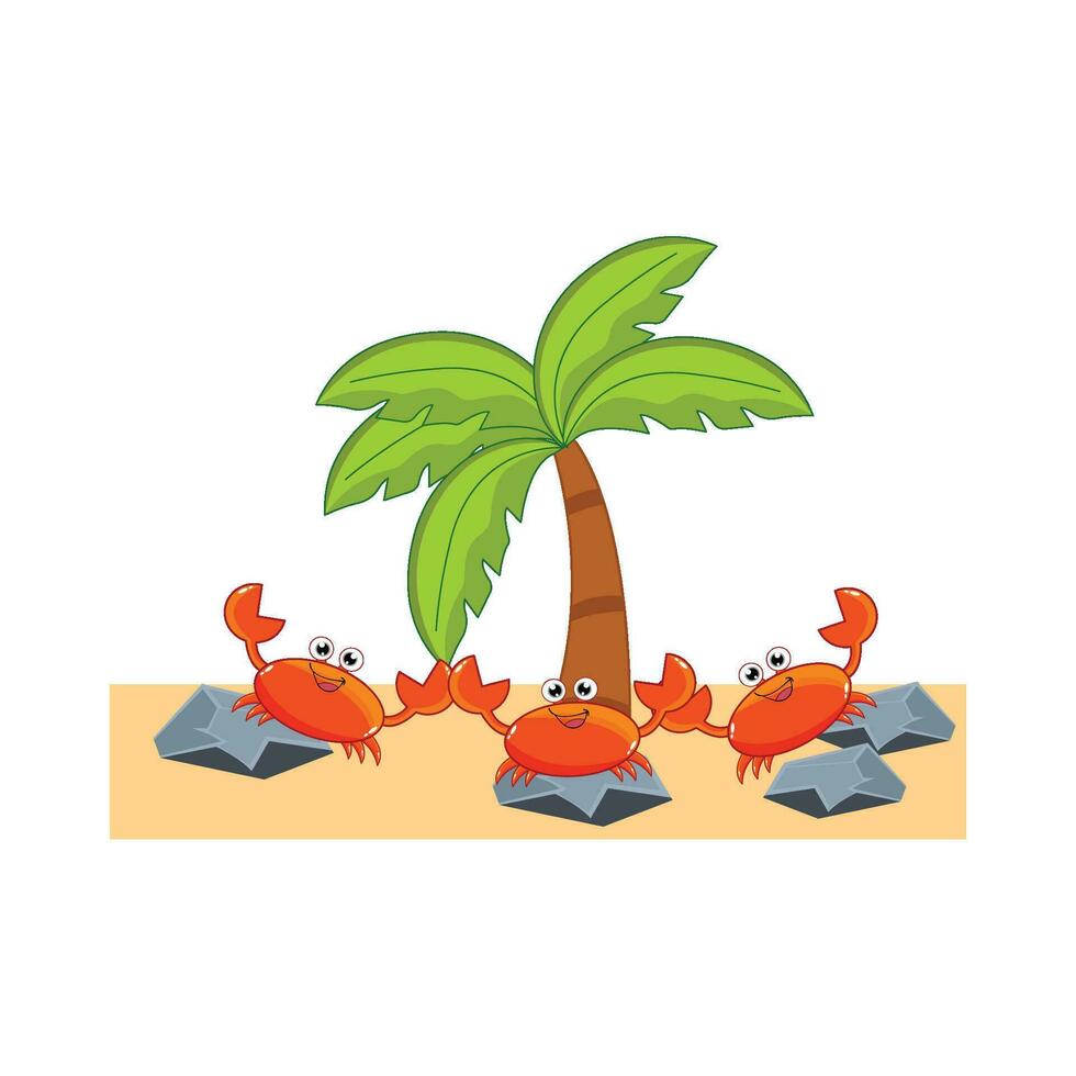 crab character, palm tree with stone in beach illustration vector