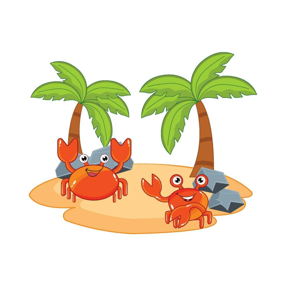 crab character, palm tree with stone in beach illustration vector