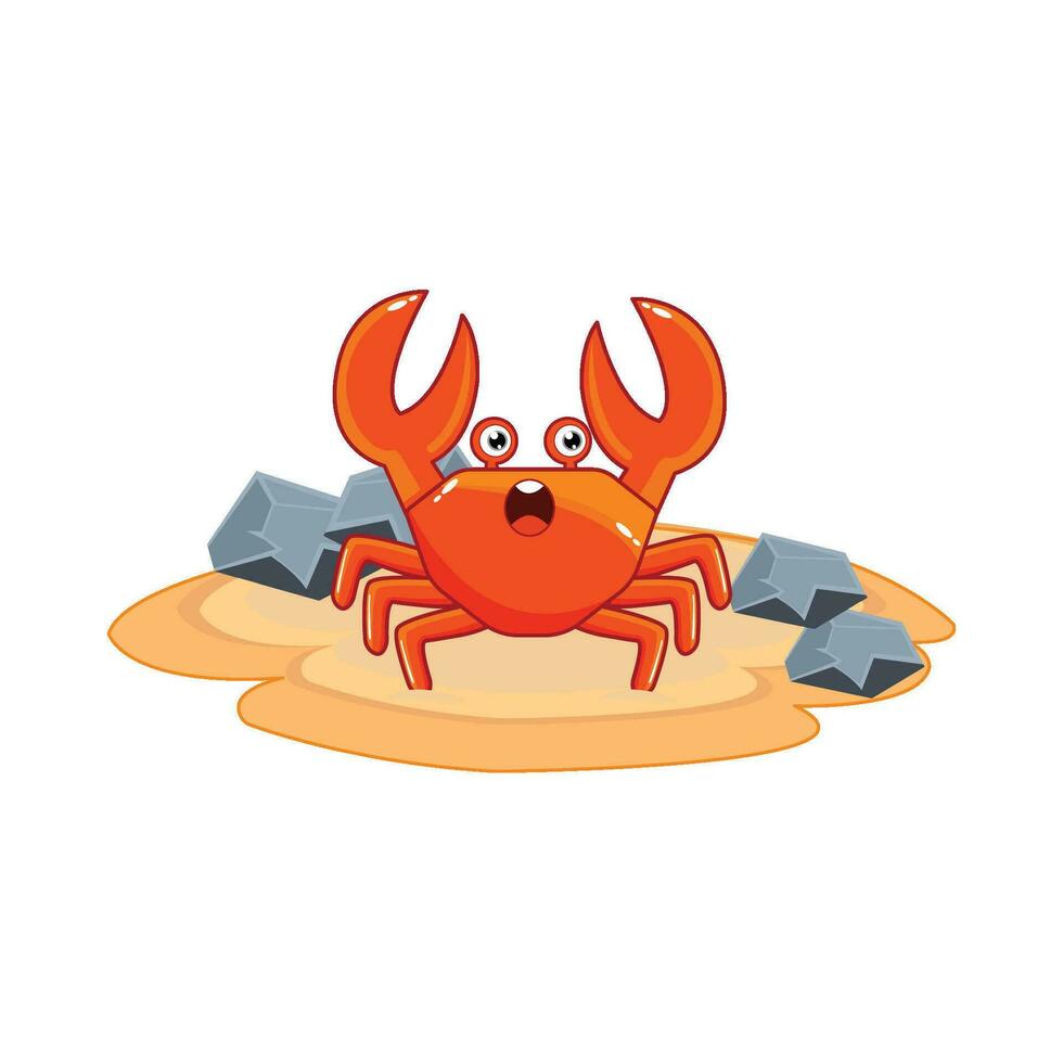 crab character with stone in beach illustration vector