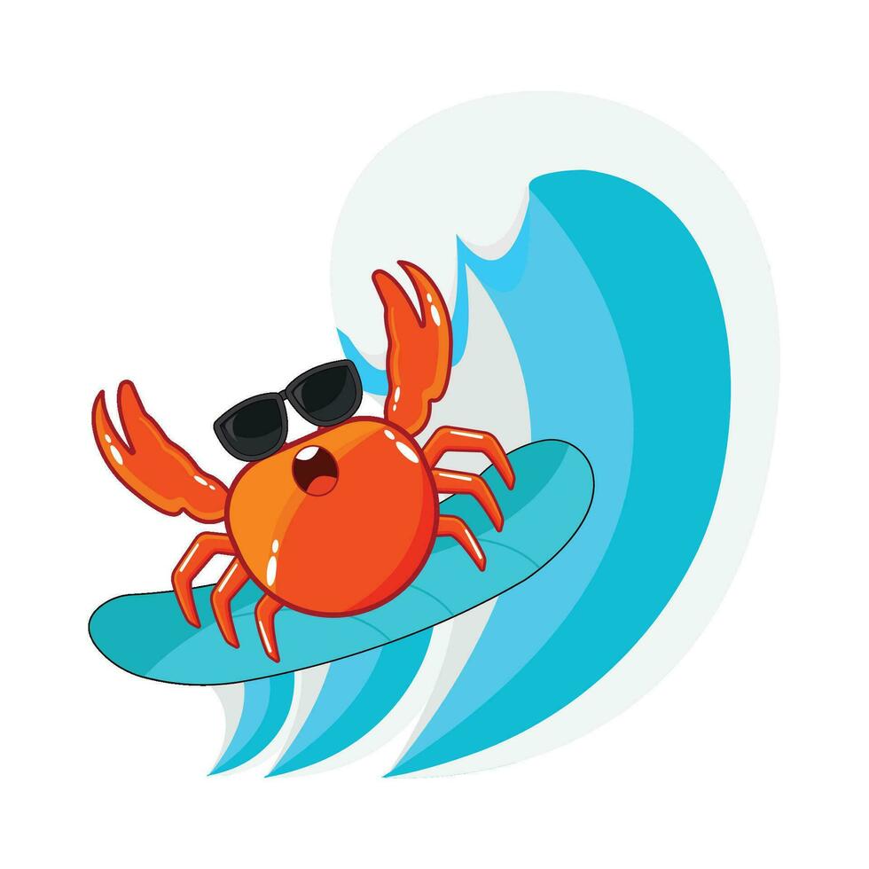 crab playing surfing in sea wave illustration vector