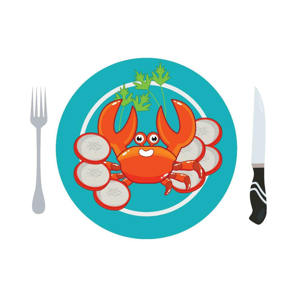 seafood crab in plate with cutlery illustration vector