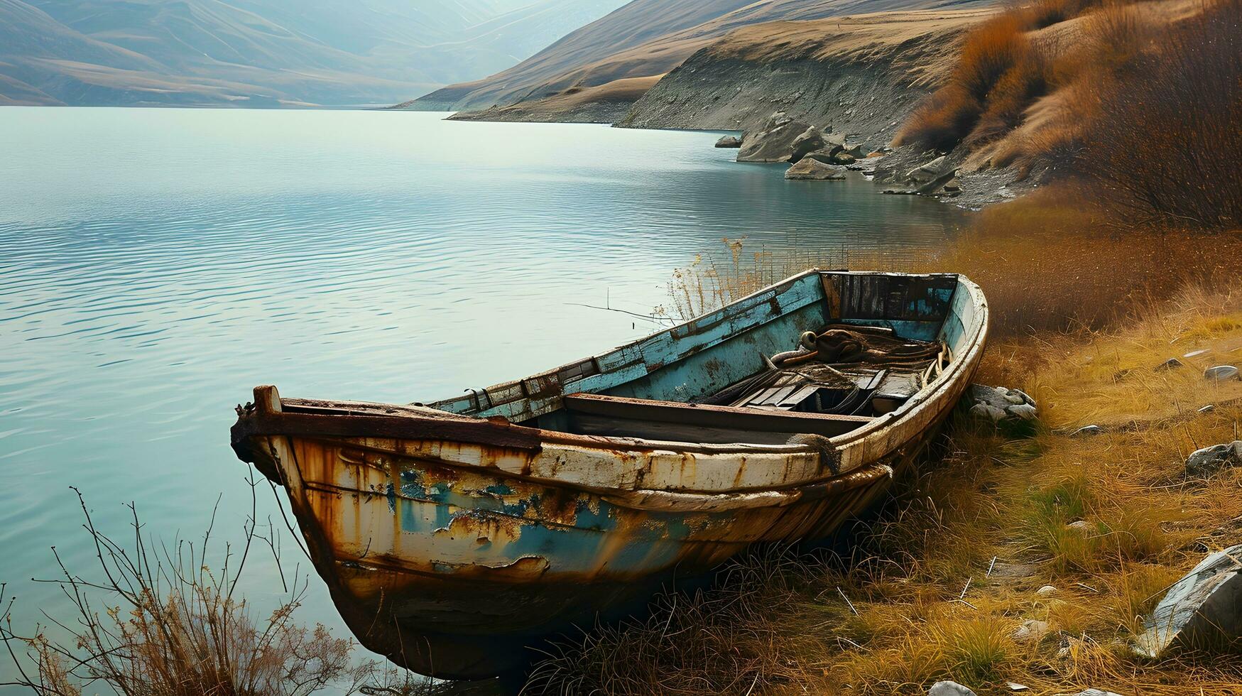 AI generated A poignant capture of a neglected boat resting on a shore, surrounded by the golden hues of autumn photo