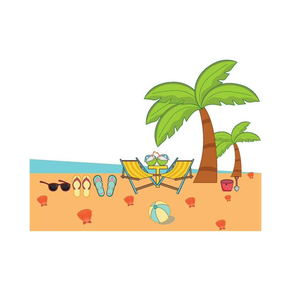 umrbella, palm tree with chair in beach illustration vector