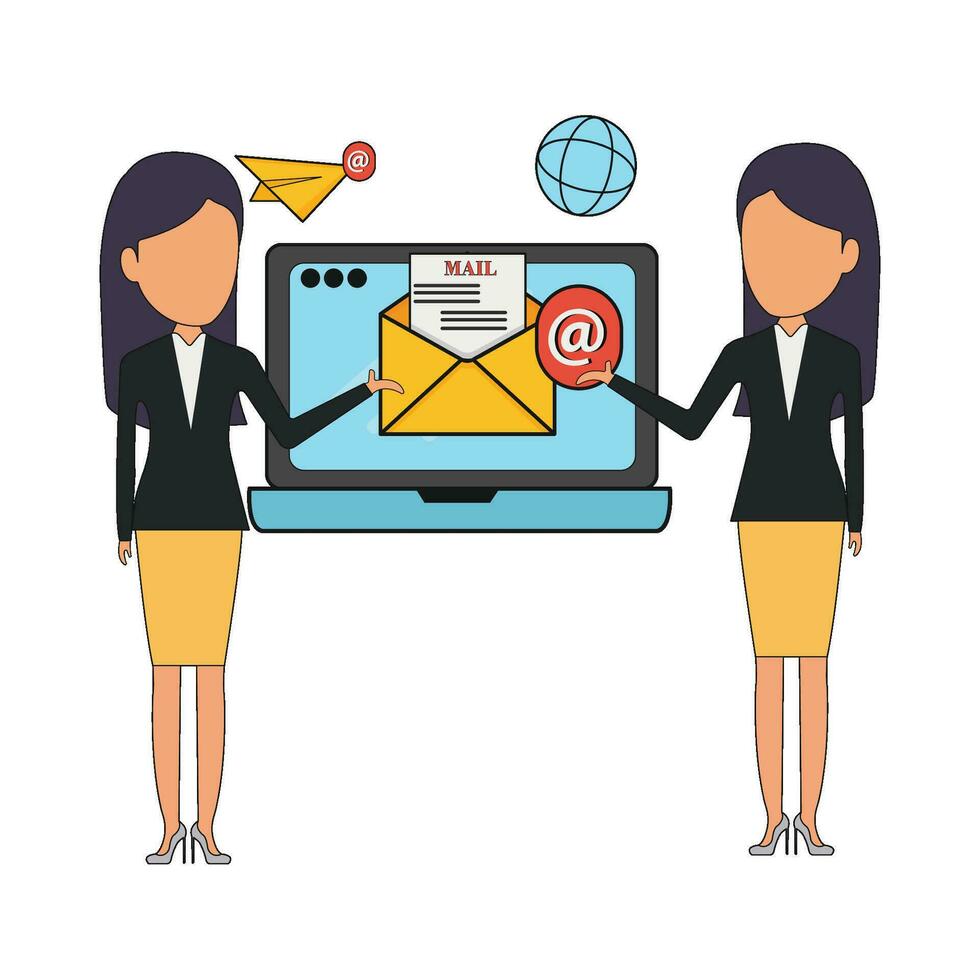 email in laptop, internet with women illustration vector