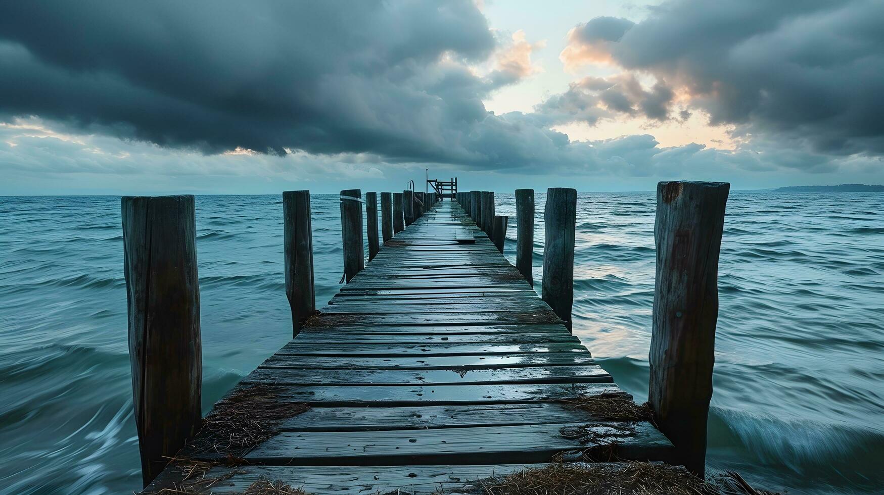 AI generated Stormy Skies Over a Rugged Wooden Dock at Sea photo