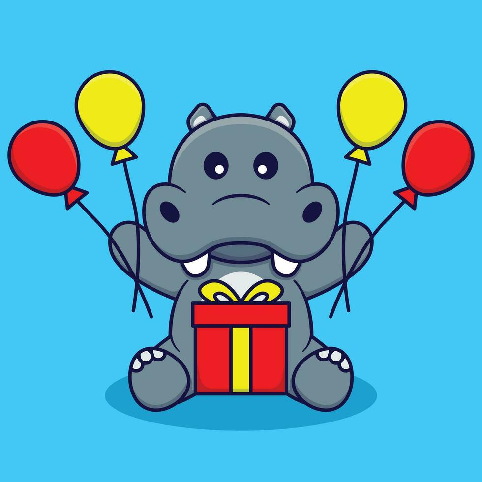 Cute Hippo Holding Balloons and Gifts Vector Cartoon Ilustration