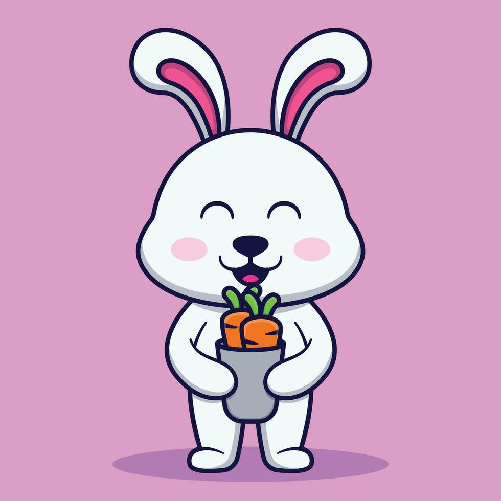 Cute Rabbit Holding a Bucket of Carrots Cartoon Illustration vector