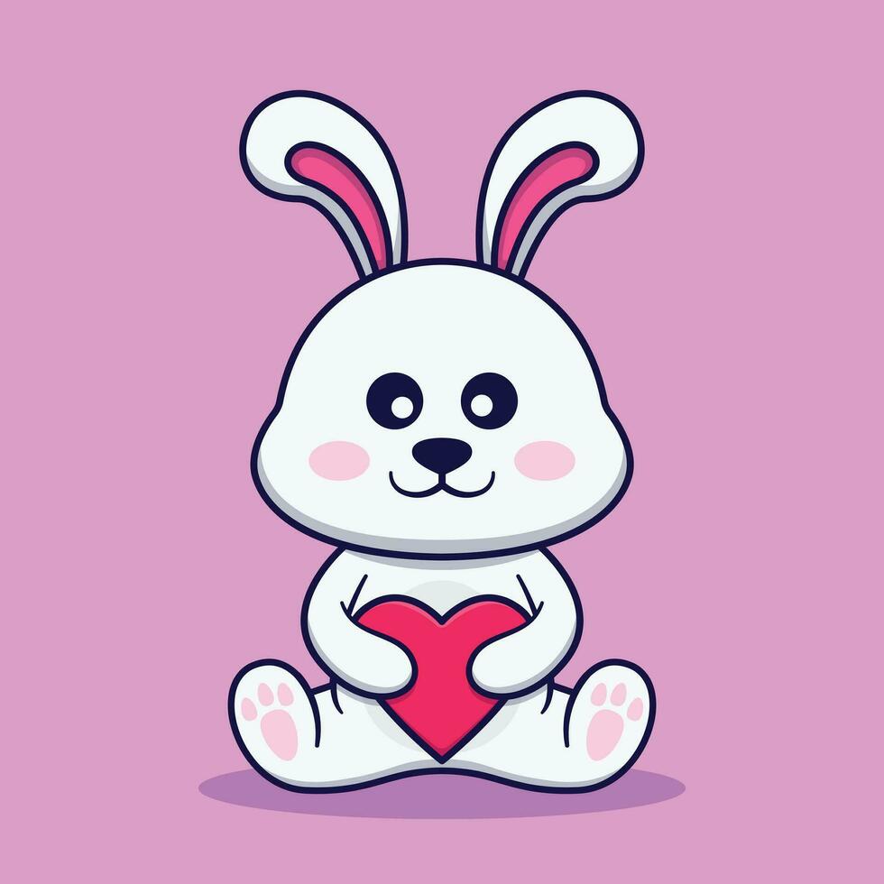Cute Rabbit Holding Heart Vector Cartoon Illustration