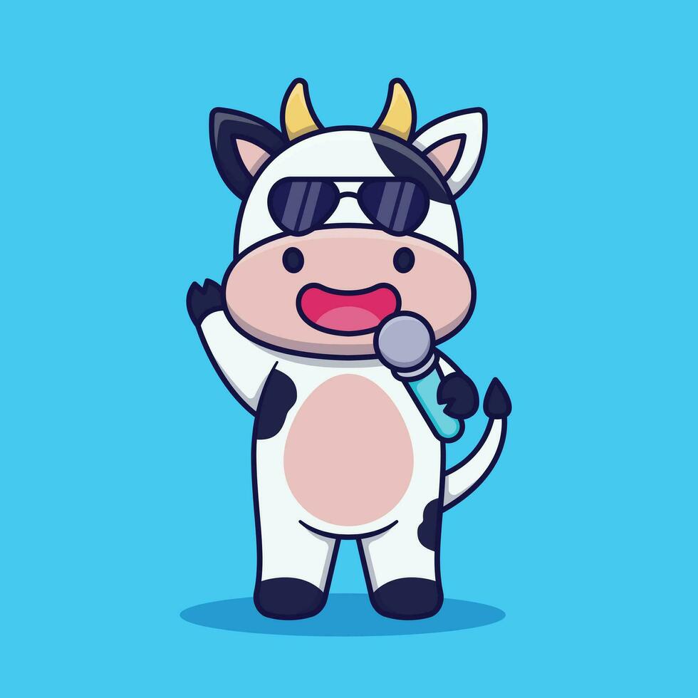 Cute Cow Wearing Sunglasses Singing Vector Cartoon Illustration
