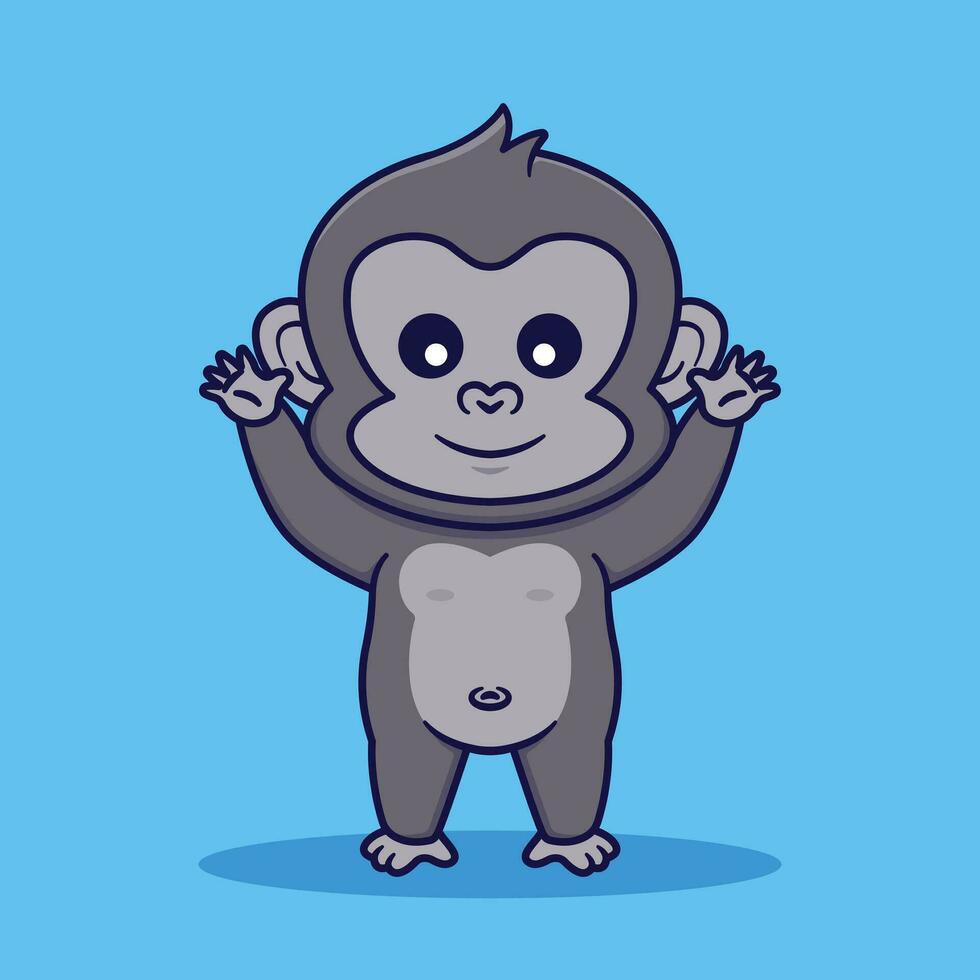 Cute Gorilla Raising Both Hands Vector Cartoon Illustration