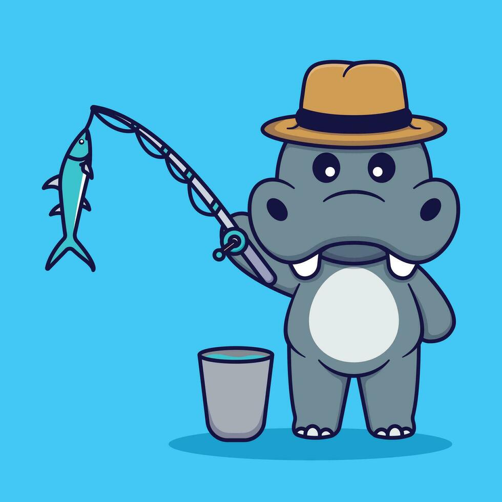 Cute Hippo Holding Fishing Rod Vector Illustration