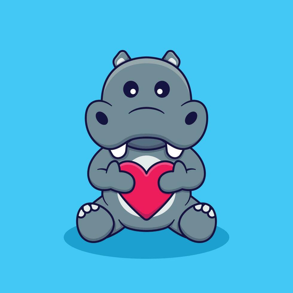 Cute Hippo Holding Heart Vector Cartoon Ilustration