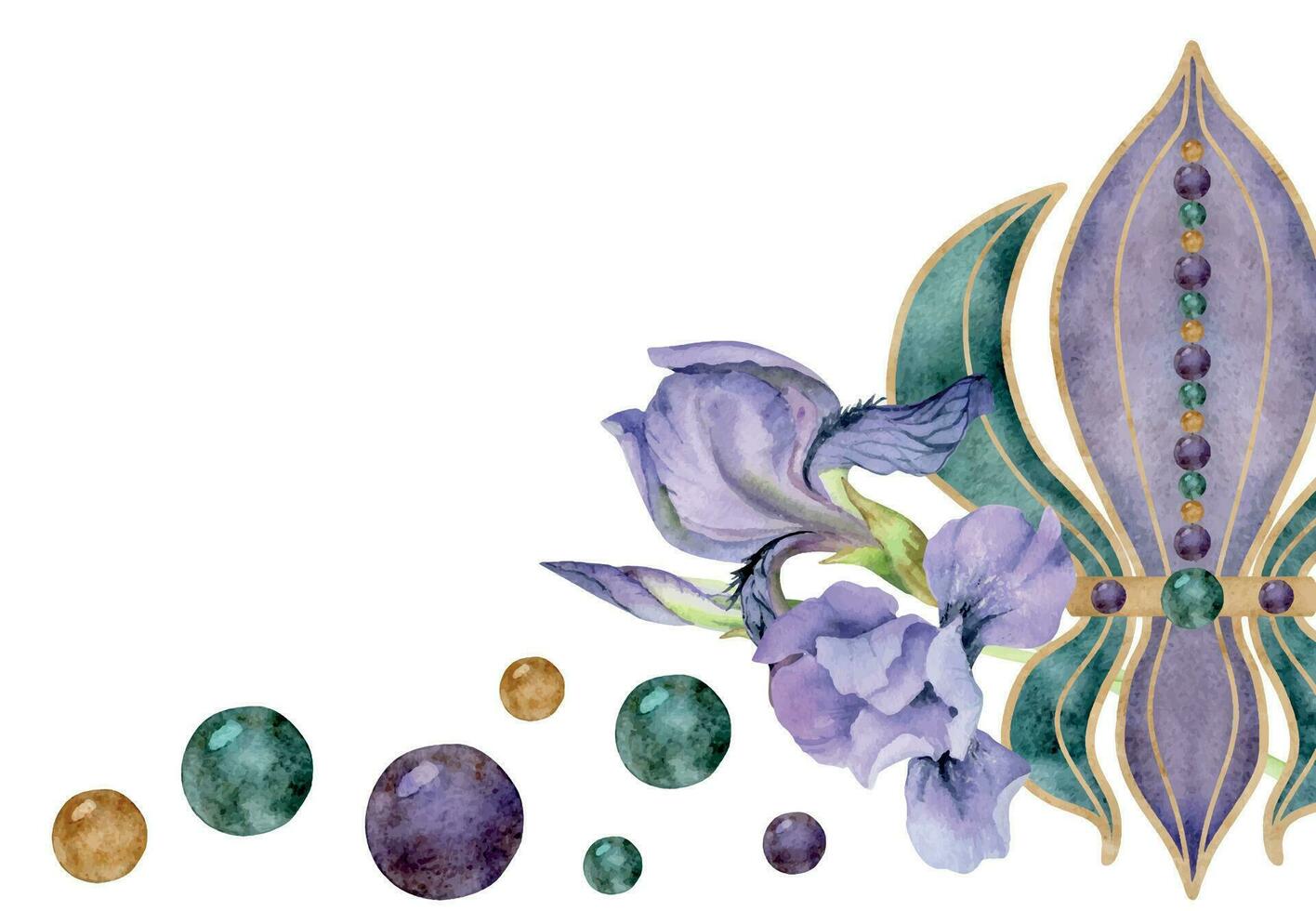 Hand drawn watercolor Mardi Gras carnival symbols. Fleur de lis French lily iris flower glass beads confetti baubles Composition isolated on white background. Design for party invitation, print, shop vector