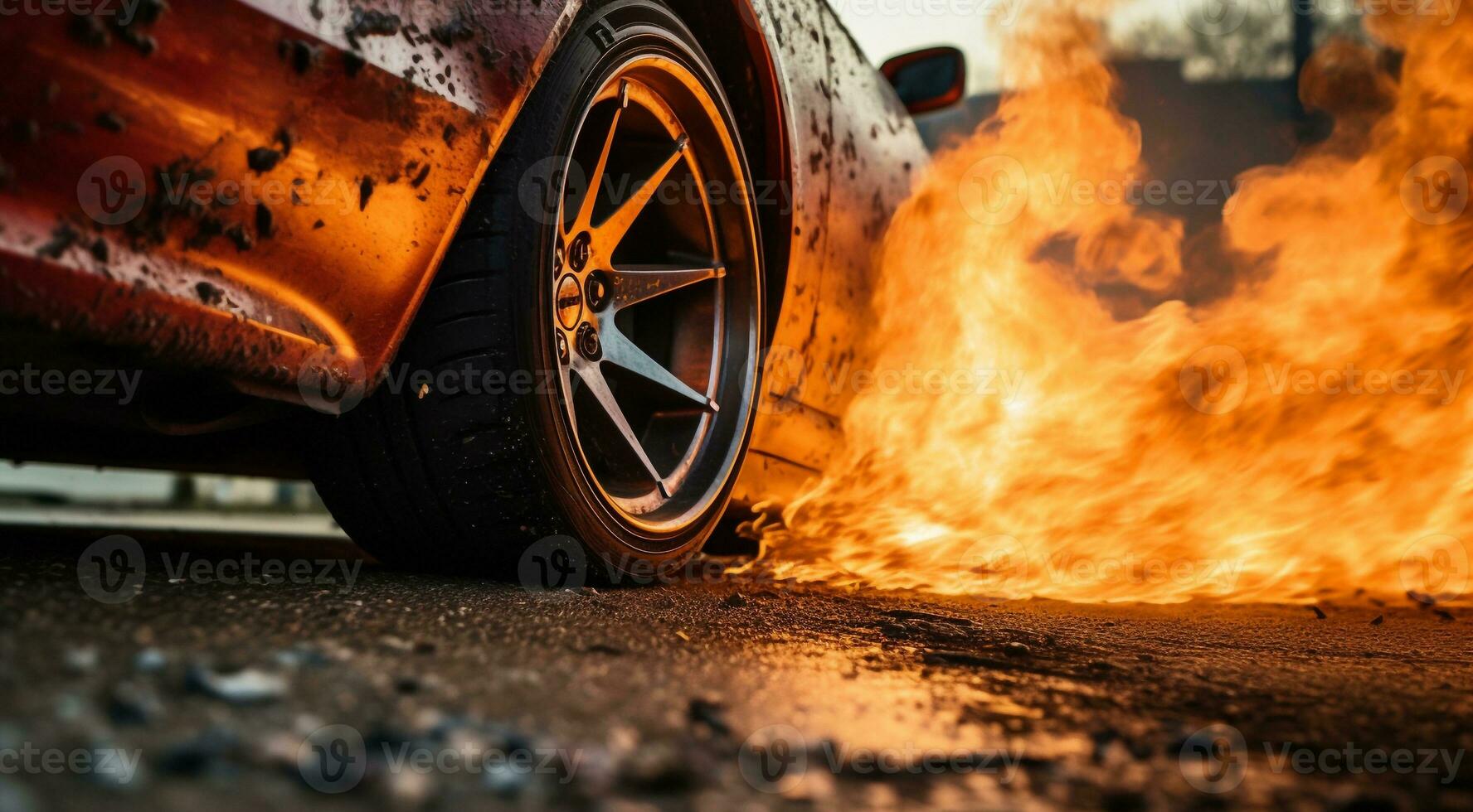 ai generado coche conducción en el camino, de cerca de un Deportes coche haciendo agotamiento en el calle, coche haciendo agotamiento, de cerca de coche foto