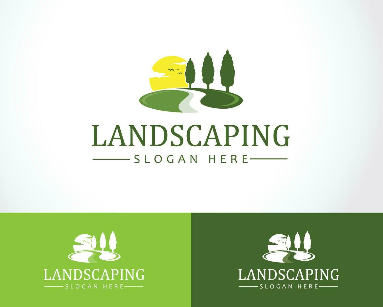 landscape logo creative tree pines garden sun illustration vector