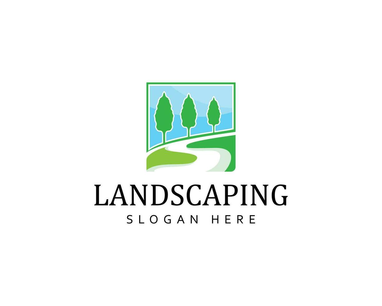 pines tree forest and road landscape logo icon vector template