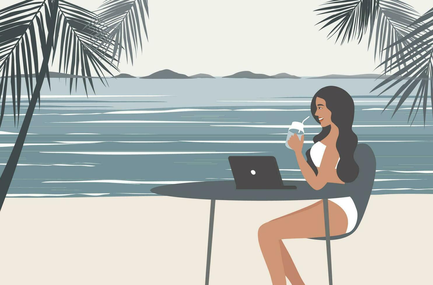 Digital nomad, travel and work, remote job, freelancers lifestyle, woman working online while travelling on beach vector illustration