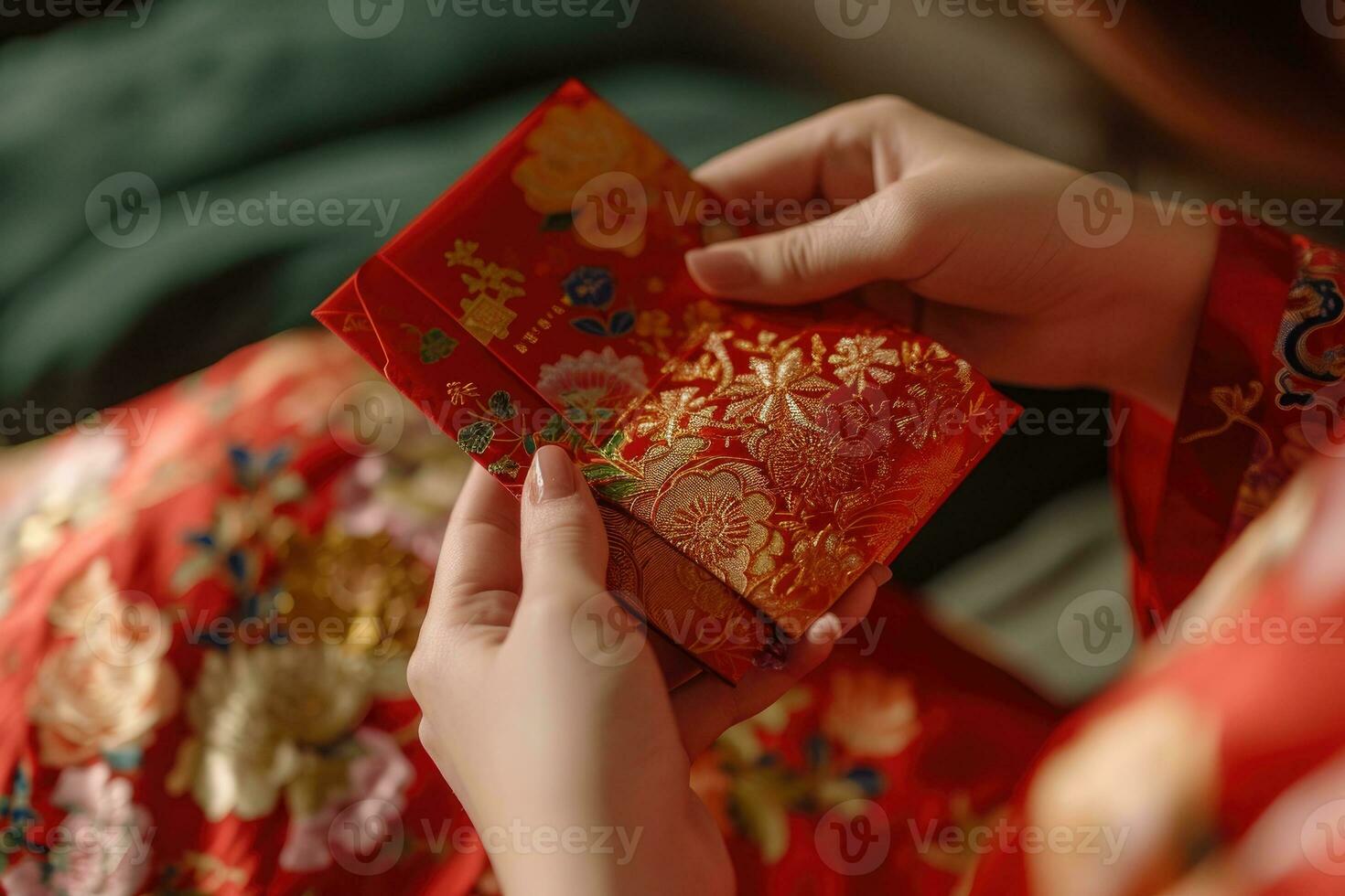 AI generated Chinese new year celebration, Cropped shot of hand receiving red envelopes from their parent photo