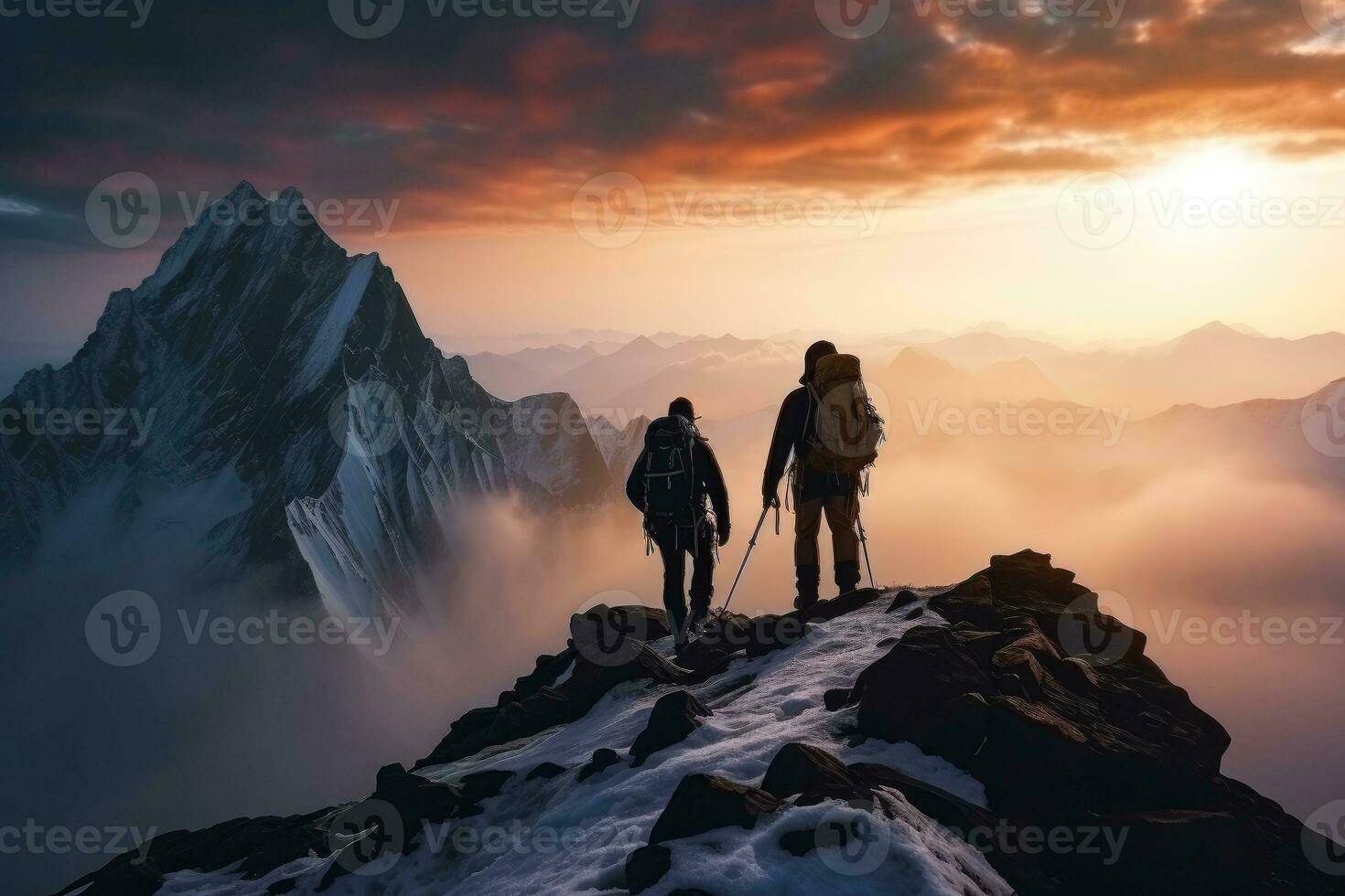 ai generado Nevado brumoso montaña escaladores, 2 escaladores escalada a el parte superior de Nevado montaña, senderismo, ai generativo foto