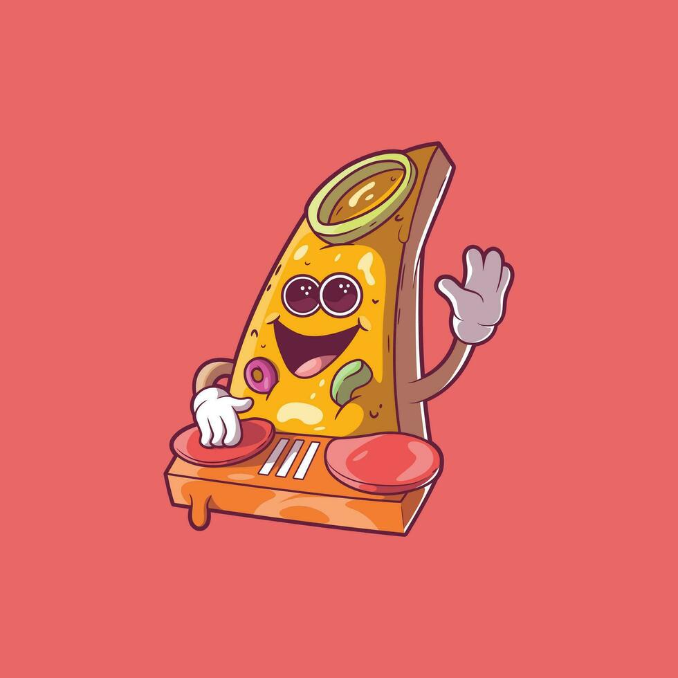 DJ Pizza rebanada personaje con comida tocadiscos vector ilustración. alimento, música, gracioso diseño concepto.