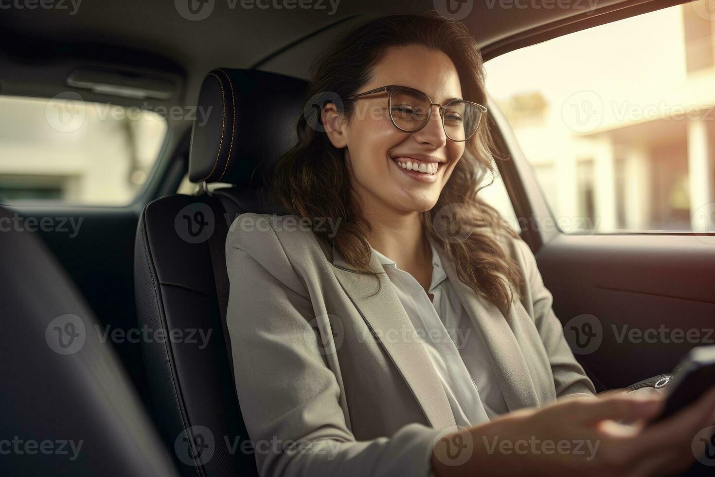 AI generated Businesswoman inside of a car looking at the mobile phone or using mobile phone. AI Generative photo