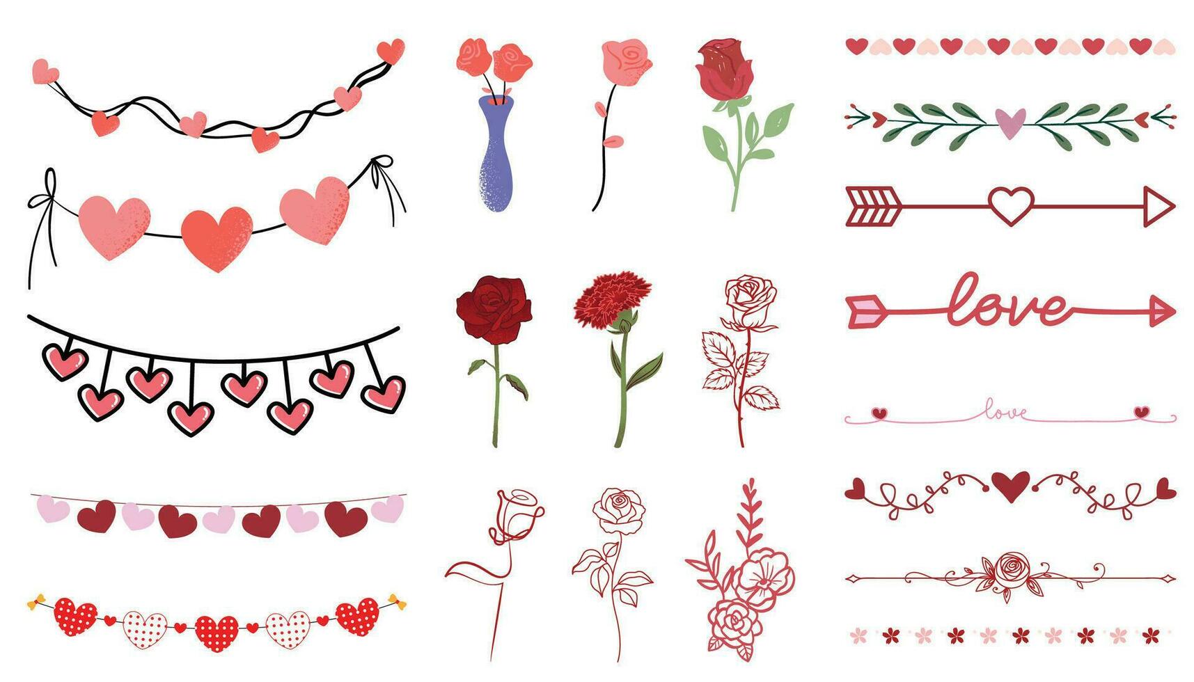 Valentine day, flowers, hanging heart, roses illustration, love valentine arrows, heart arrow, Red Rose, Pink Rose vector