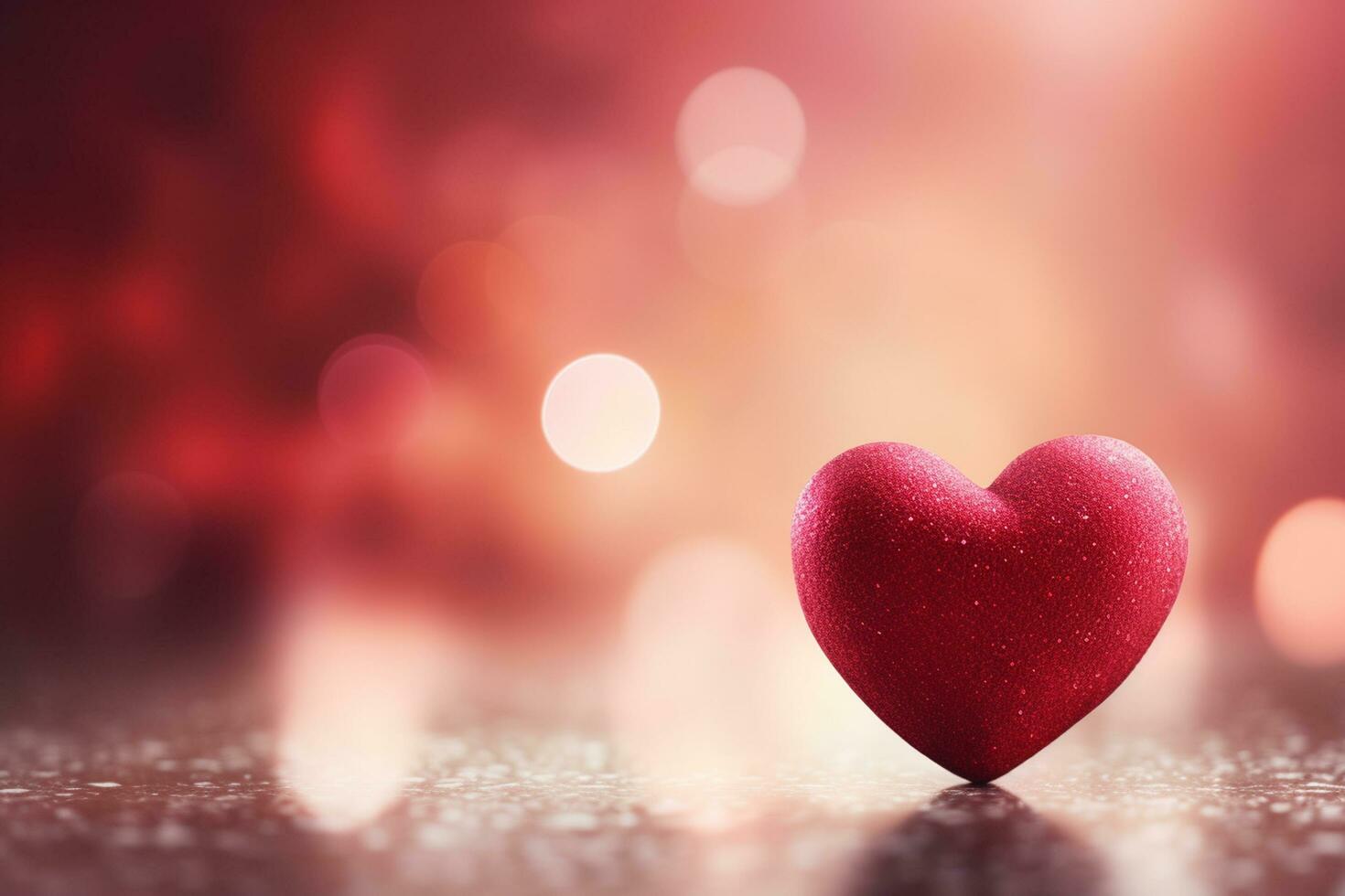 AI generated Valentines day greeting card with red hearts on wooden table over bokeh background.  Generated ai photo