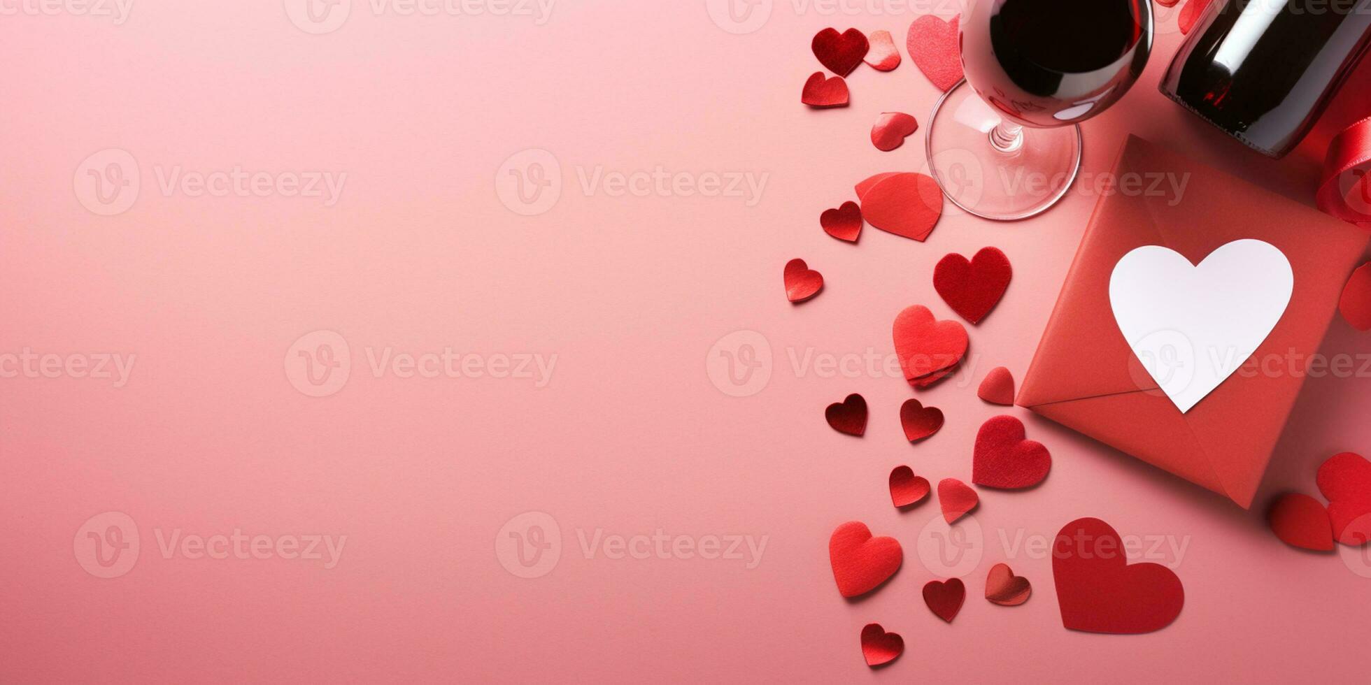 AI generated Valentine's day background with red wine, gift box and hearts  Generated ai photo