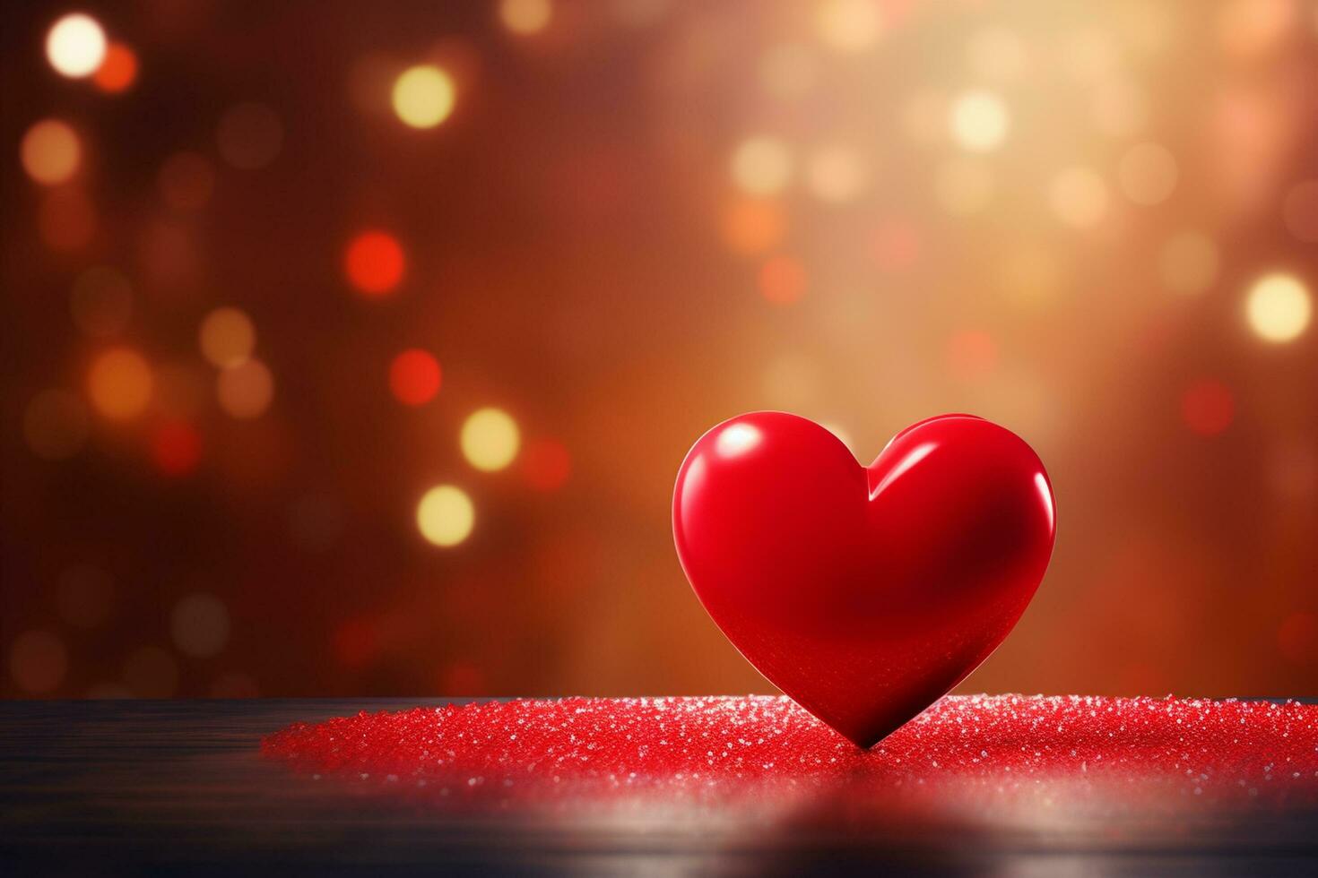 AI generated Valentines day greeting card with red hearts on wooden table over bokeh background.  Generated ai photo
