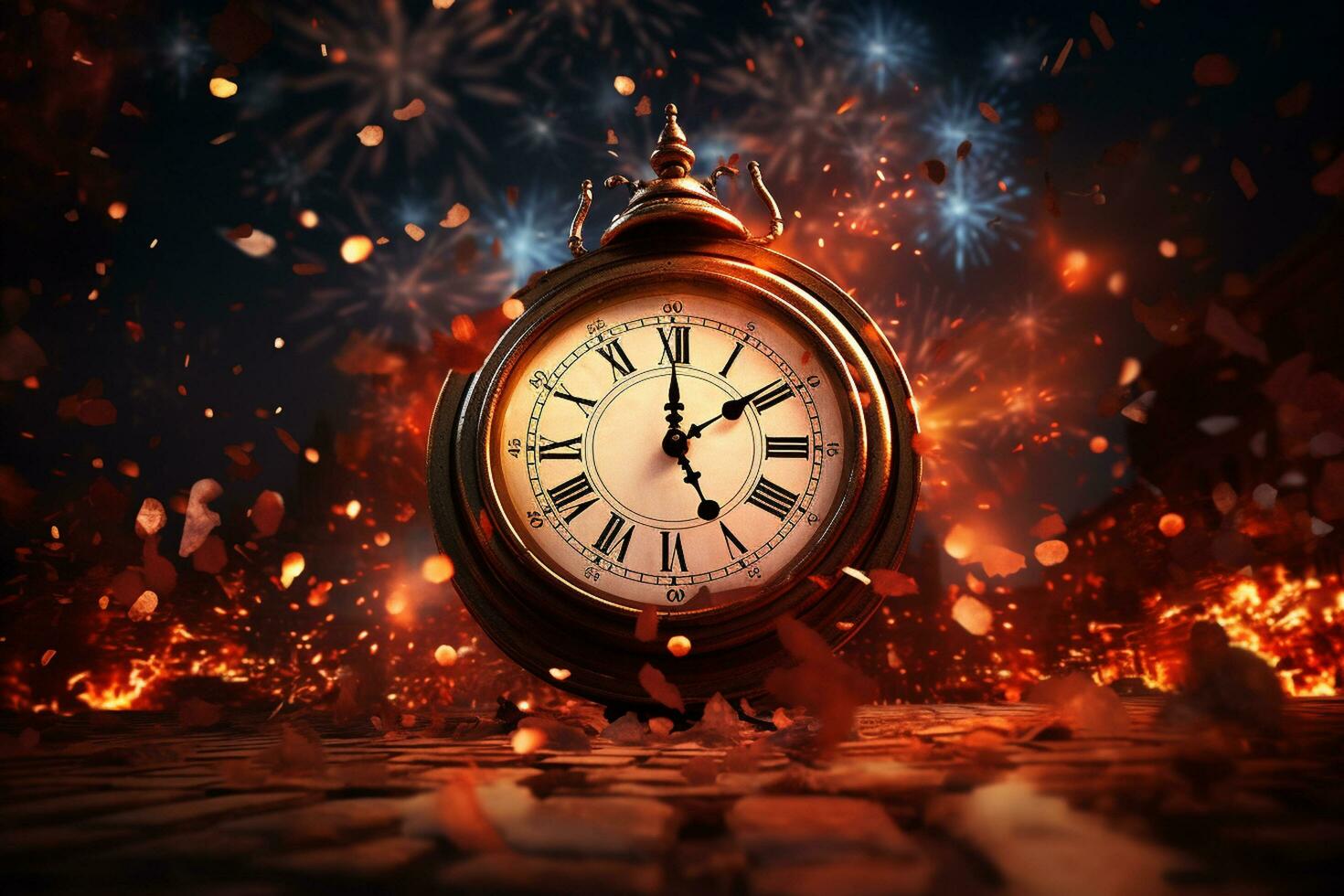 ai generado imagen de antiguo Clásico bolsillo reloj terminado ardiente fuego antecedentes. hora concepto contento nuevo año generativo ai foto