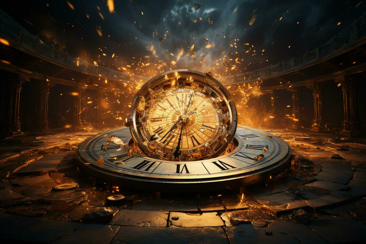 AI generated Image of old vintage pocket watch over burning fire background. Time concept happy new year Generative ai photo