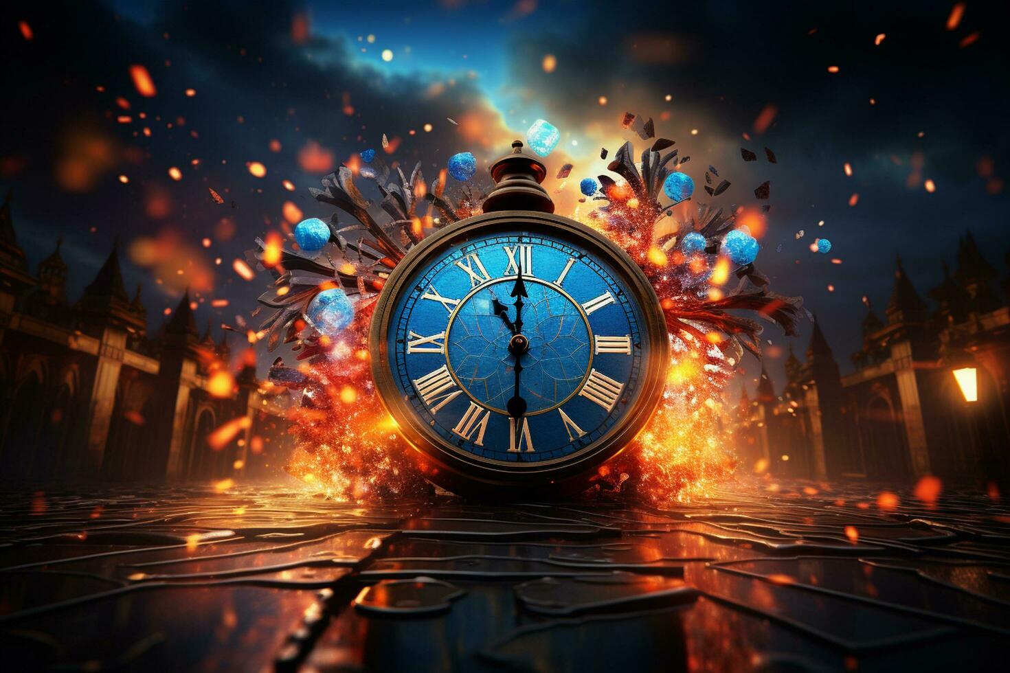 AI generated Image of old vintage pocket watch over burning fire background. Time concept happy new year Generative ai photo