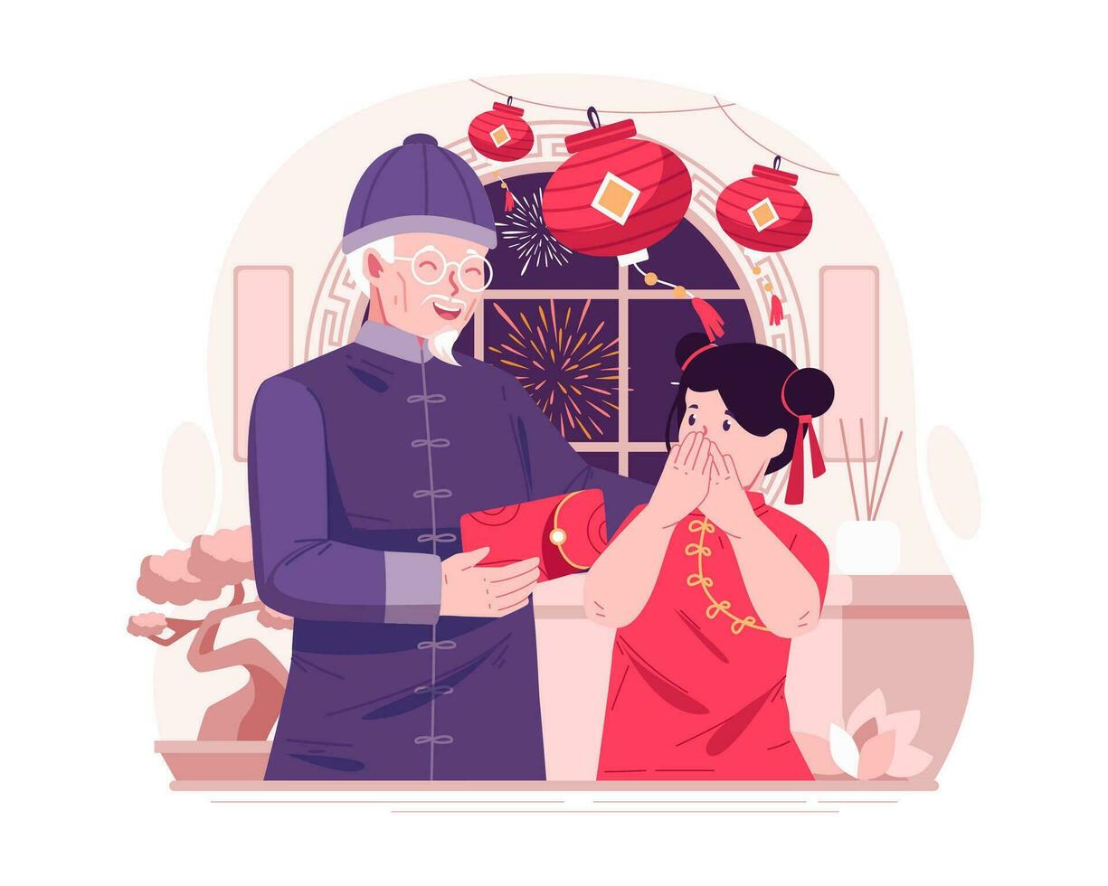 Illustration of a Happy Asian Girl Receiving a Red Envelope or Lucky Money From Her Grandfather to Celebrate Chinese New Year vector