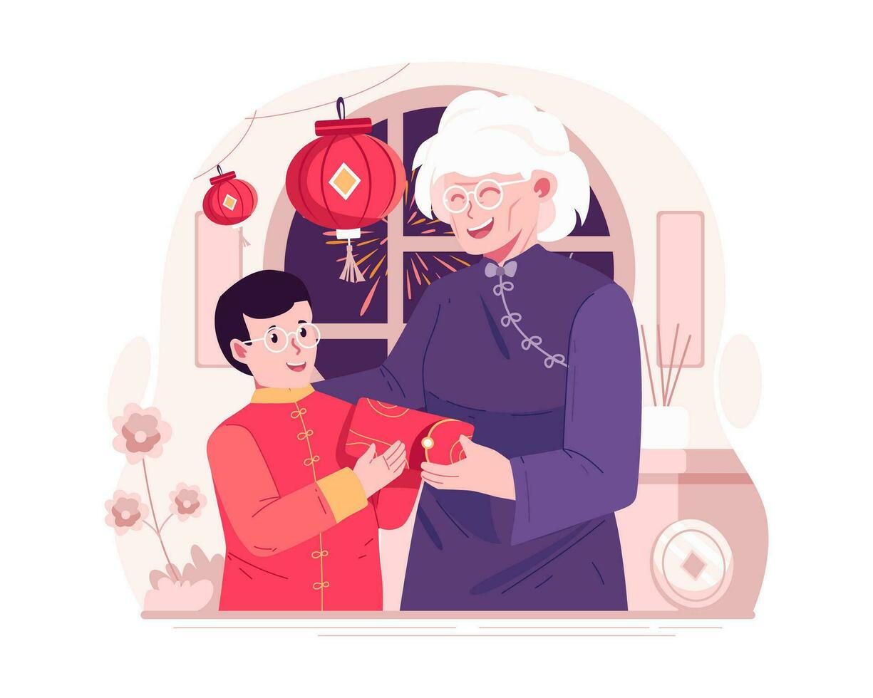Illustration of Chinese New Year With a Happy Asian Little Boy Received a Red Envelope or Lucky Money From His Grandmother vector
