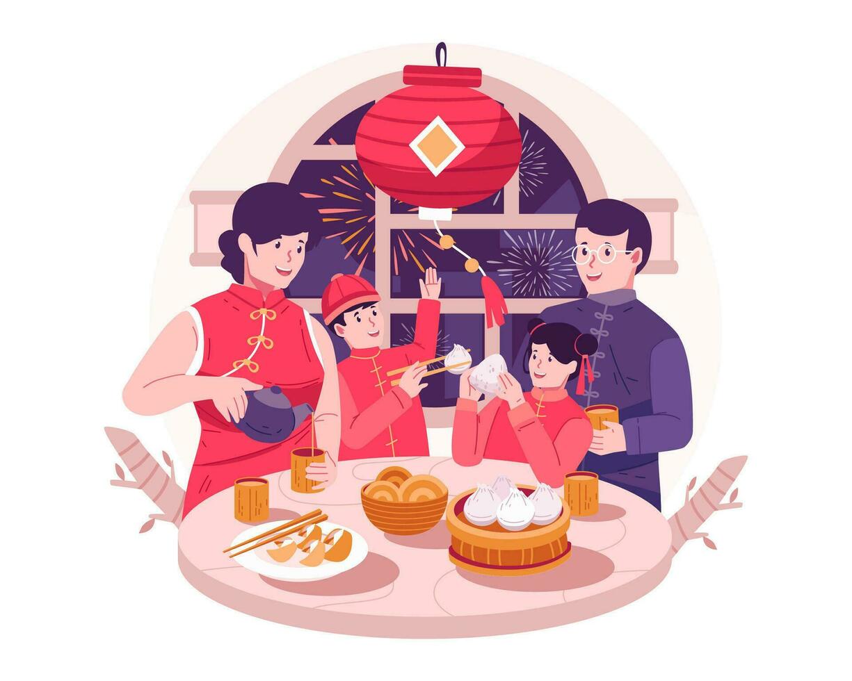 Happy Asian Family Gathering Together Having a Reunion Dinner and Enjoying Tasty Traditional Dishes on Chinese New Year Eve vector
