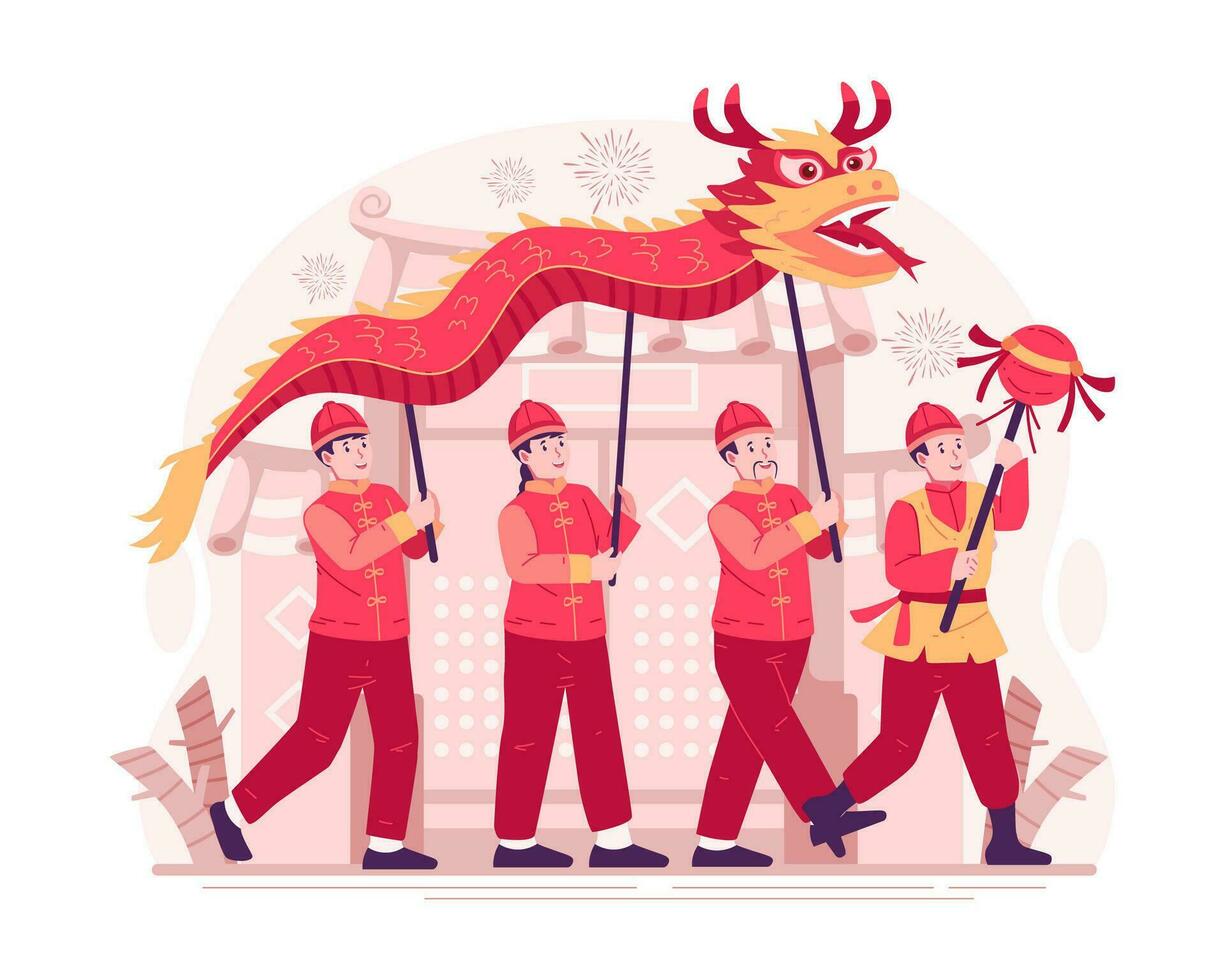 People in Traditional Costumes Perform a Dragon Dance in Front of the Temple Gate for the Chinese New Year Celebration. Traditional Chinese Parade vector